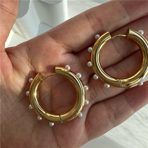 Waterproof & Tarnish Free Pearl Hoop Earrings PVD Plated Stainless Steel Jewelry