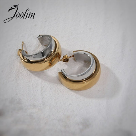 Waterproof & Tarnish Free Minimalist NO Fade Double Color Overlapping Stitching Earrings Stainless Steel Jewelry