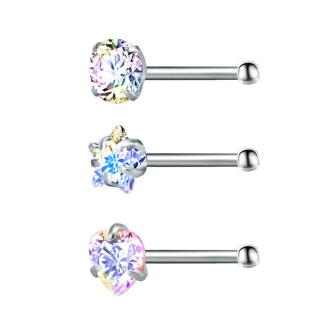 ZS 22g CZ Crystal Nose Studs Sets 12PCS/3PCS Nose Rings Studs Set Stainless Steel Nose Piercing Screws Fashion Nose Septum Rings