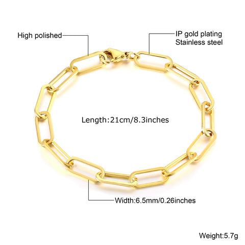 Paperclip Chain Bracelet for Women,Gold Color Stainless Steel Rectangle Link Bracelets,Cable Dainty Girls Layering Jewelry