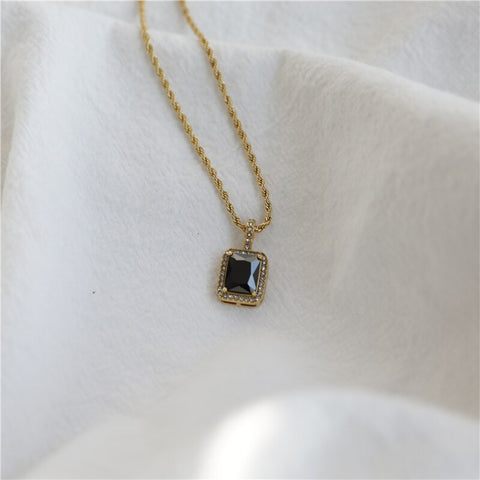 Non Tarnish & Waterproof  Square Stone Pendant Necklace Stainless Steel  Jewelry