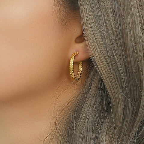 2022 New Snake Skin Braid Texture Matte Gold Hoop Earrings For Woman Stainless Steel Tarnish Free Gold Jewelry For Women