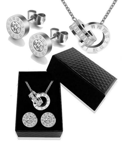 Luxury Roman Numeral Necklace Earring Bracelet Set For Women Wedding Party 316L Stainless Steel Wedding Jewelry Set Gift Box