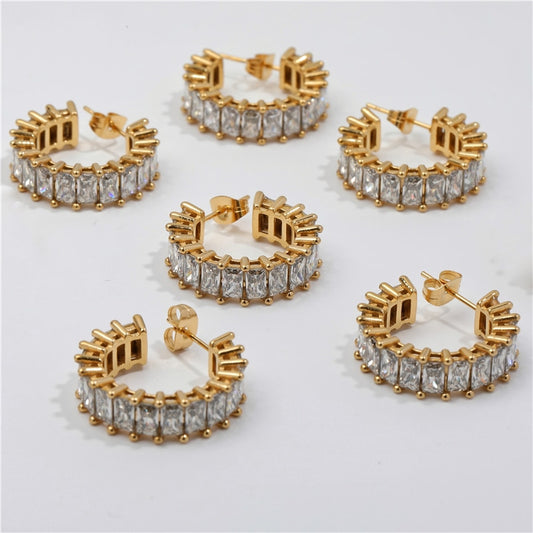 Waterproof & Tarnish Free Luxury Cubic Zircon Pave Hoop Earrings Stainless Steel Jewelry