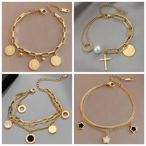 Stainless Steel Layered Golden Pendant Bracelet