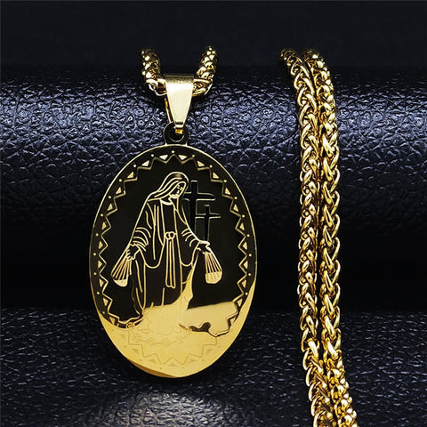 2022 Hip Hop Double Layer Stainless Steel Long Pendant Necklace Women/Men Gold Color Virgin Mary Jewelry collier homme N6003S02