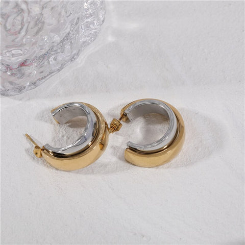 Waterproof & Tarnish Free Minimalist NO Fade Double Color Overlapping Stitching Earrings Stainless Steel Jewelry