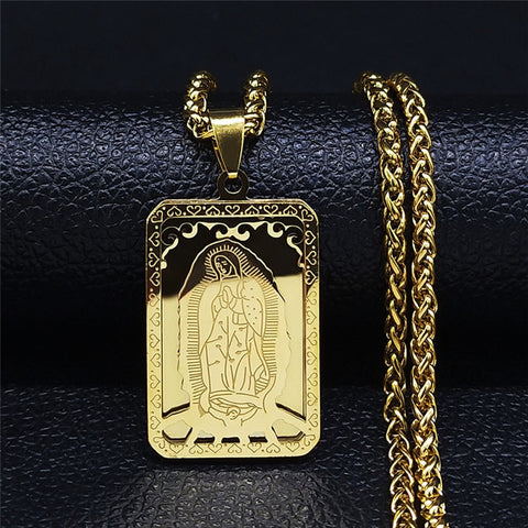 2022 Hip Hop Double Layer Stainless Steel Long Pendant Necklace Women/Men Gold Color Virgin Mary Jewelry collier homme N6003S02