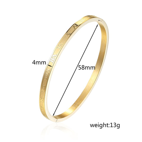 New Arrival 4mm Wide Stainless Steel Carving Roman Numerals Gold Color Woman Bangle Lover Cuff Bangle Woman Jewelry For Gifts