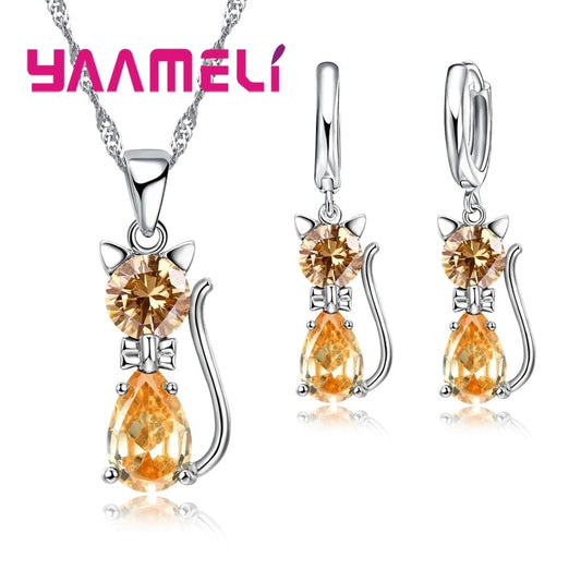 Real 925 Sterling Silver Jewelry Sets for Woman Girls Shining 7 Colors Austrian Crystal Cute Cat Pendant Necklace Huggie Earring