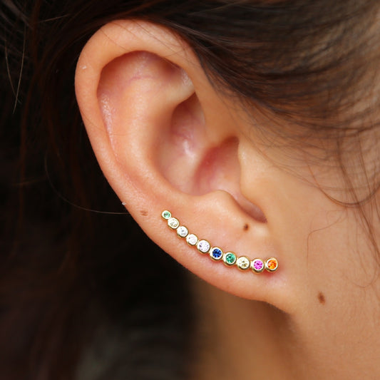 colorful cz climber earring curved long bar studs classic simple multi piercing look 925 sterling silver fashion ear jewelry