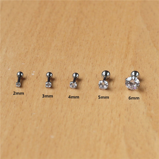 2pcs 316l Stainless Steel Screw-back Zircon Stud Earrings 2mm to 8mm Classical Style No Fade Allergy Free