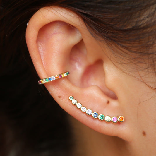 colorful cz climber earring curved long bar studs classic simple multi piercing look 925 sterling silver fashion ear jewelry