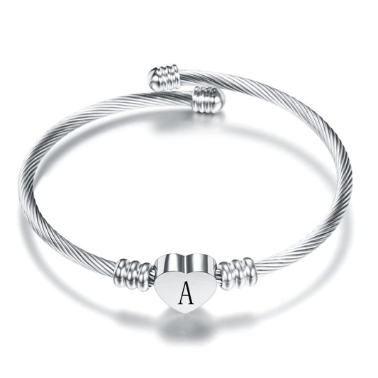 ZORCVENS Silver Color Stainless Steel Heart Bracelet Bangle With Letter Fashion Initial Alphabet Charms Bracelets For Women