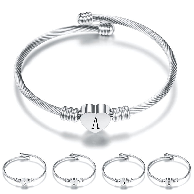 ZORCVENS Silver Color Stainless Steel Heart Bracelet Bangle With Letter Fashion Initial Alphabet Charms Bracelets For Women