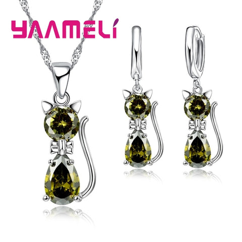 Real 925 Sterling Silver Jewelry Sets for Woman Girls Shining 7 Colors Austrian Crystal Cute Cat Pendant Necklace Huggie Earring