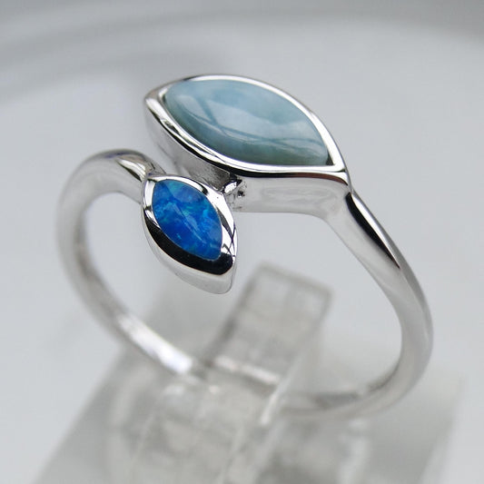 Fine Natural Larimar Rings Leaves Ring Larimar Women Rings Blue Opal Jewelry 925 Sterling Silver Jewelry Larimar Wedding Rings