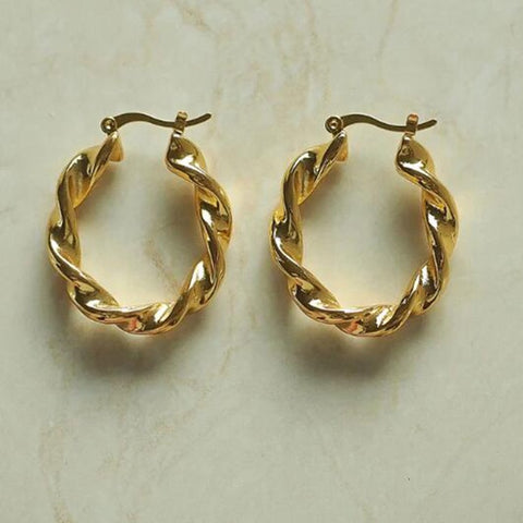 2021 New Vintage Style Tarnish Free 18k Gold Plated Screw Twisted Smooth Chunky Stainless Steel Hoop Earrings For Women