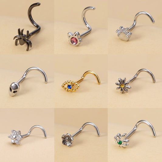 1PC 20G Surgical Steel Nose Stud Rings for Women Girl Eye Cat Flower Alien Paw Spider Screw Bend Nose Piercing Jewelry Punk Gift