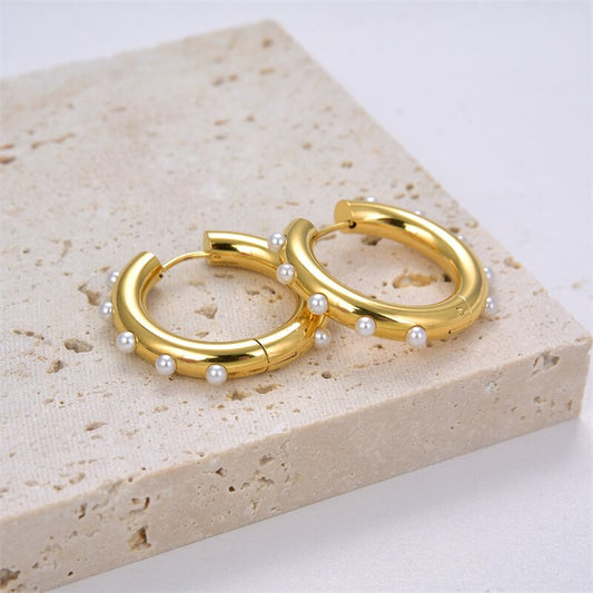 FYSARA New Elegant Tarnish Free Chunky Hoop Earrings With Small Dainty Pearl Stainless Steel Gold Plated Hoop Earrings For Women