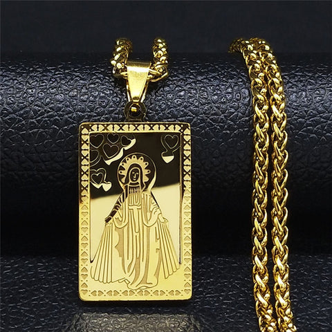 2022 Hip Hop Double Layer Stainless Steel Long Pendant Necklace Women/Men Gold Color Virgin Mary Jewelry collier homme N6003S02