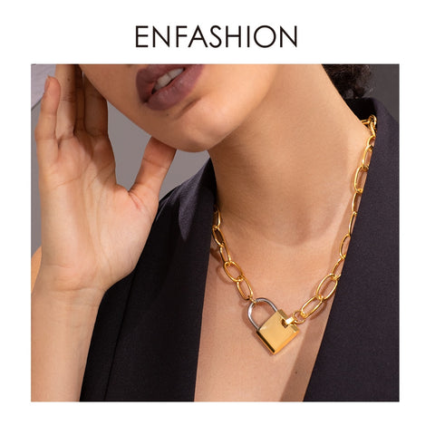 ENFASHION Big Lock Link Chain Choker Necklace Women Gold Color Stainless Steel Femme Pendant Necklaces Fashion Jewelry P193040