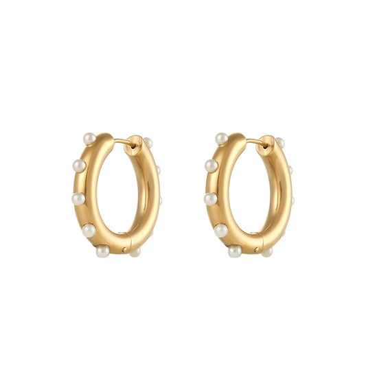 2021 New Elegant Tarnish Free Chunky Hoop Earrings With Small Dainty Pearl Stainless Steel Gold Plated Hoop Earrings For Women