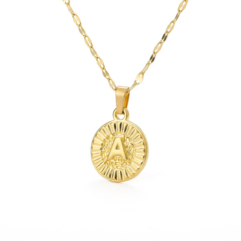 A-Z initial Round Letter Pendant Necklace For Women Stainless Steel Gold Choker Coin Letter Necklace Birthday Summer Jewelry BFF
