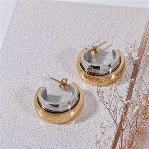 Waterproof & Tarnish Free Minimalist NO Fade Double Color Overlapping Stitching Earrings Stainless Steel Jewelry