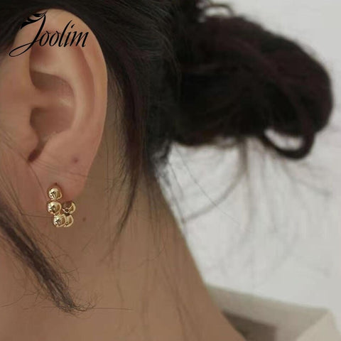 Joolim High Quality PVD Gold Finish Beads String Stainless Steel Hoop Earring Tarnish Free Gold Jewelry