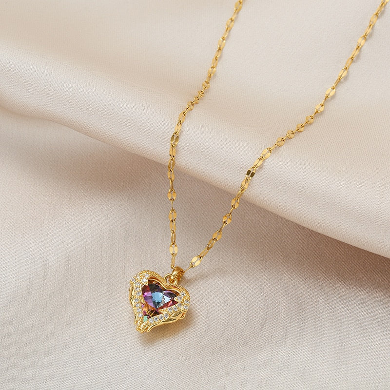 Luxury Zircon Crystal Ocean Heart Pendant Necklace