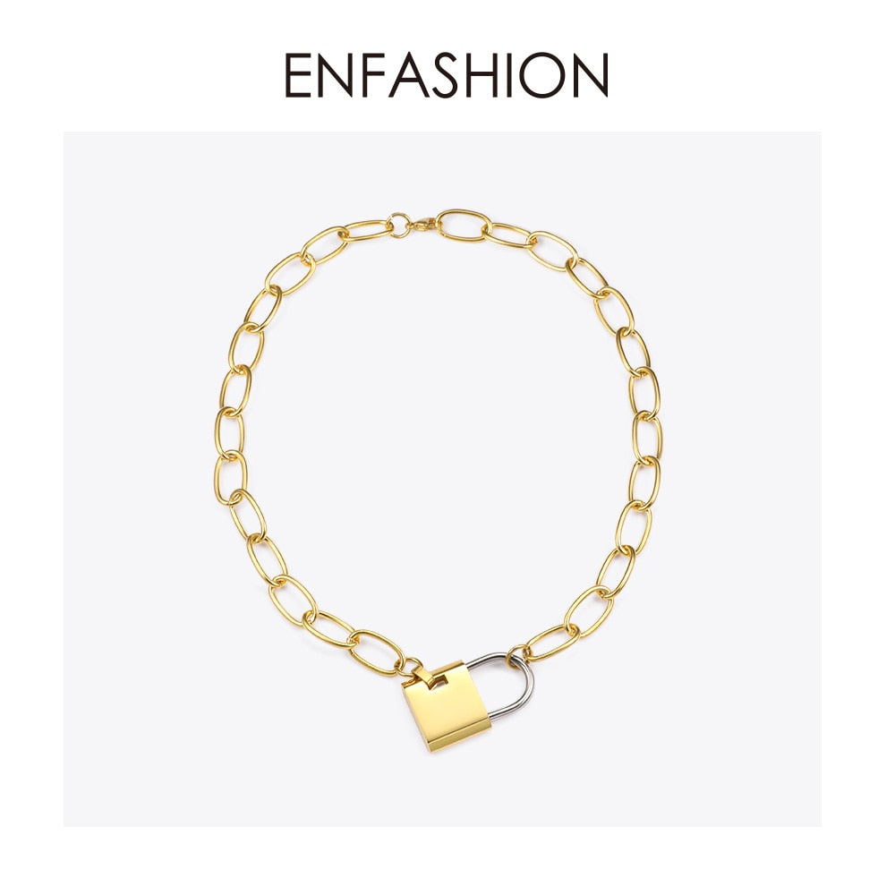 ENFASHION Big Lock Link Chain Choker Necklace Women Gold Color Stainless Steel Femme Pendant Necklaces Fashion Jewelry P193040