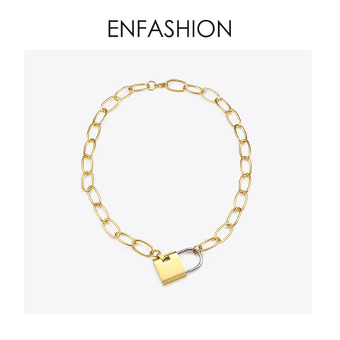 ENFASHION Big Lock Link Chain Choker Necklace Women Gold Color Stainless Steel Femme Pendant Necklaces Fashion Jewelry P193040