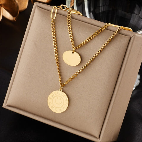 MEYRROYU 316L Stainless Steel Hip Hop PunkVintage Multilayer Coin Pendant Necklace For Women Double Layer Chain Necklace Jewelry