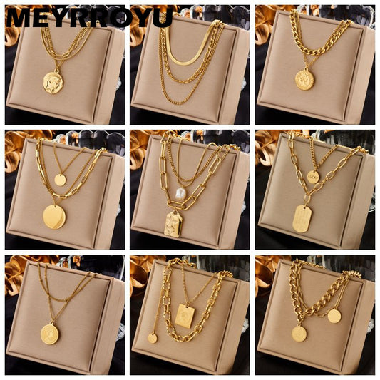 MEYRROYU 316L Stainless Steel Hip Hop PunkVintage Multilayer Coin Pendant Necklace For Women Double Layer Chain Necklace Jewelry