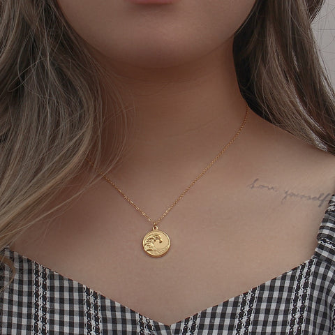 Creative Design Tarnish Free Stainless Steel 18k Gold Plated Golden Sea Wave Necklace Stereoscopic Coin Necklaces For Women