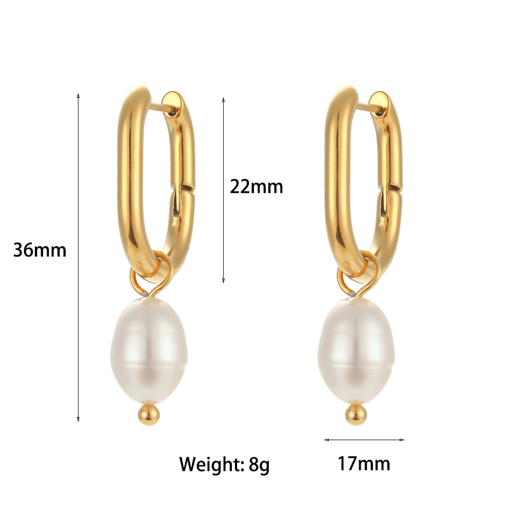 EBbelle Waterproof Tarnish Free Jewelry Stainless Steel Gold Plated U Shape Freshwater Pearl Charm Hoop Ring Earrings For Woman