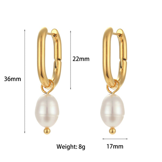 EBbelle Waterproof Tarnish Free Jewelry Stainless Steel Gold Plated U Shape Freshwater Pearl Charm Hoop Ring Earrings For Woman