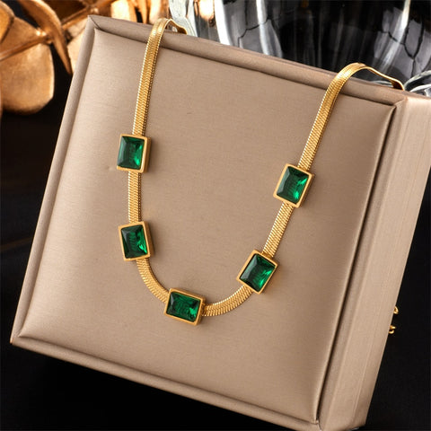 MEYRROYU 316L Stainless Steel Green Stone Crytal Snake Chain Multilayer Necklace For Women Pendant Boho Fashion Jewelry Gift