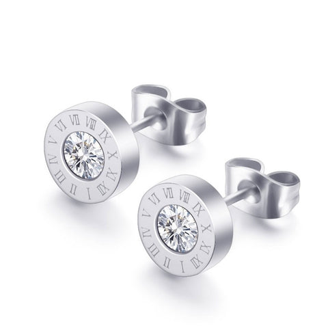 Fashion Round Anti-allergy Titanium Steel Roman Numeral Stud Earrings for Women Men Crystal Stainless Steel Earrings Jewelry