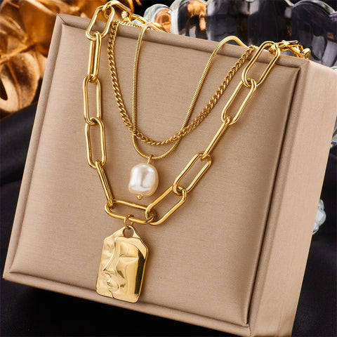 MEYRROYU 316L Stainless Steel Hip Hop PunkVintage Multilayer Coin Pendant Necklace For Women Double Layer Chain Necklace Jewelry