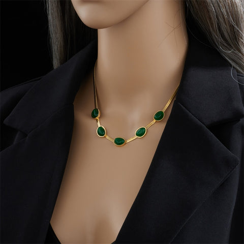 MEYRROYU 316L Stainless Steel Green Stone Jade Snake Chain Collar Necklaces For Women Party Gift New бижутерия для женщин Bijoux