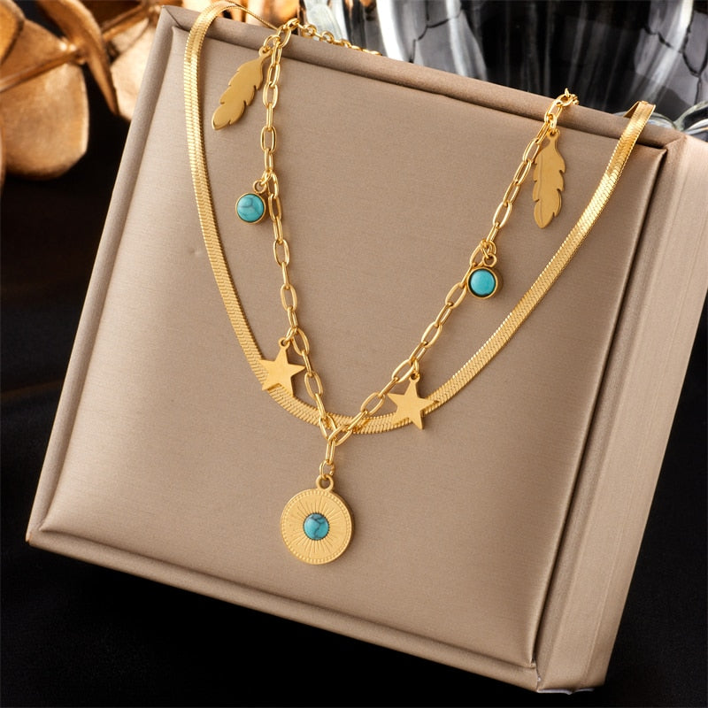 MEYRROYU 316L Stainless Steel Green Stone Crytal Snake Chain Multilayer Necklace For Women Pendant Boho Fashion Jewelry Gift