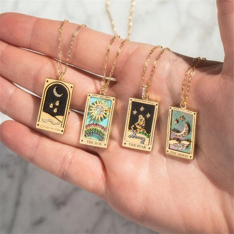 2021 New Stainless Steel Tarnish Free Jewelry Colorful Tarot Necklace Star Moon Rose Sun Design Gold Pendant Necklaces For Women