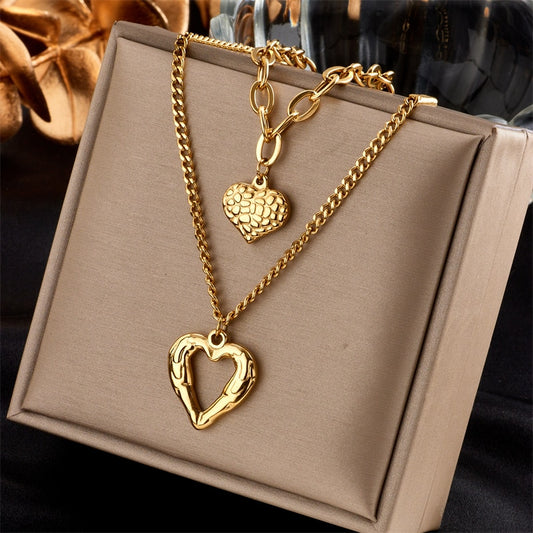 MEYRROYU 316L Stainless Steel Double Layered Love Heart Pendant Necklace For Women Vintage Punk Golden Clavicle Chain Jewelry