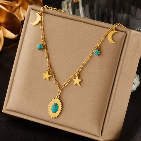 MEYRROYU 316L Stainless Steel Green Stone Crytal Snake Chain Multilayer Necklace For Women Pendant Boho Fashion Jewelry Gift