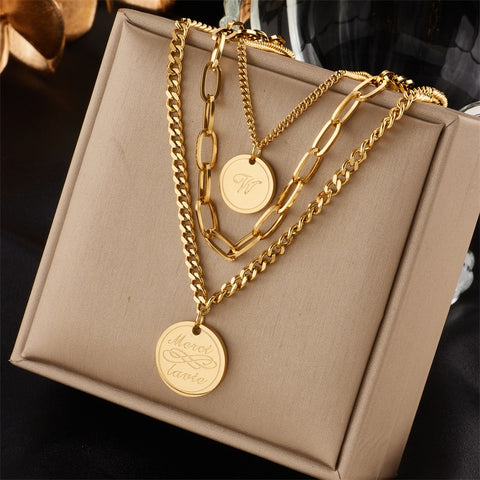 MEYRROYU 316L Stainless Steel Hip Hop PunkVintage Multilayer Coin Pendant Necklace For Women Double Layer Chain Necklace Jewelry