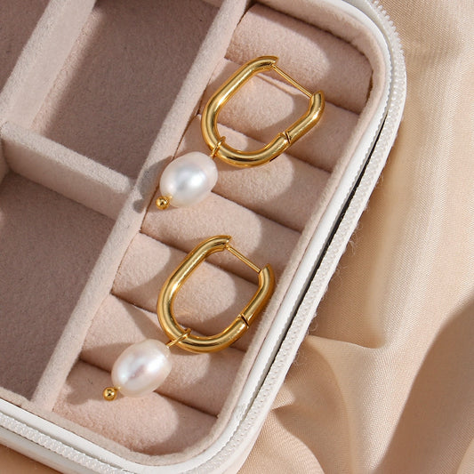 EBbelle Waterproof Tarnish Free Jewelry Stainless Steel Gold Plated U Shape Freshwater Pearl Charm Hoop Ring Earrings For Woman