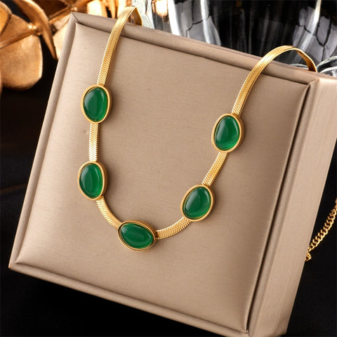 MEYRROYU 316L Stainless Steel Green Stone Crytal Snake Chain Multilayer Necklace For Women Pendant Boho Fashion Jewelry Gift