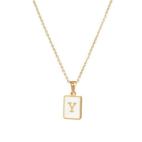 2021 New Minimalist Natural Mother of Pearl Shell Stainless Steel Tarnish Free Initial Necklace Gold Letter Necklace for Women